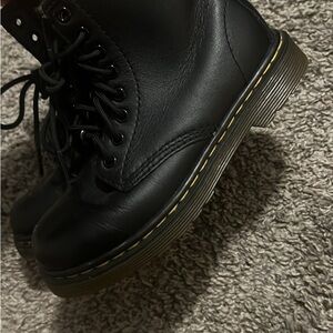 Dr. Martens Kids Black Leather Boots with Yellow Stitching